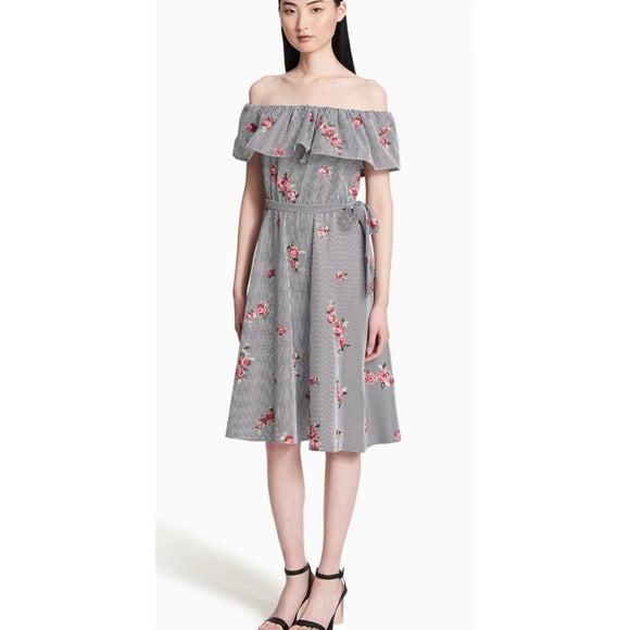 Calvin Klein Striped Floral Embroidered Off the Shoulder Dress Size 14 Tie Waist