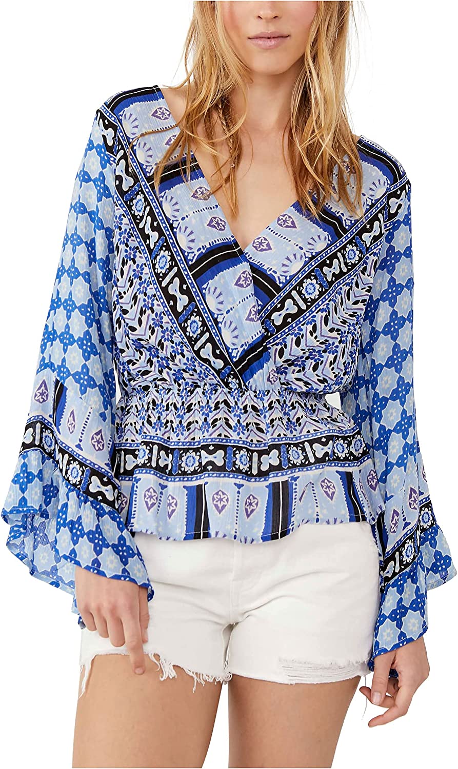 Free People Rosalie Indigo Combo Blue Printed Faux Wrap Top Blouse Size S Boho