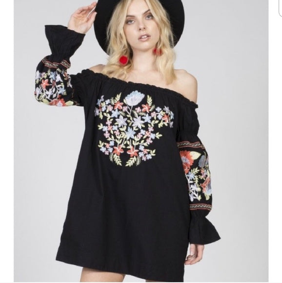 Free People Fleur De Jour Black Off the Shoulder Floral Embroidered Mini Dress S