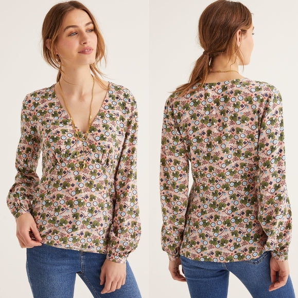 Boden Romantic Bloom Floral Print V Neck Long Sleeve Top Blouse Size US 8R 8