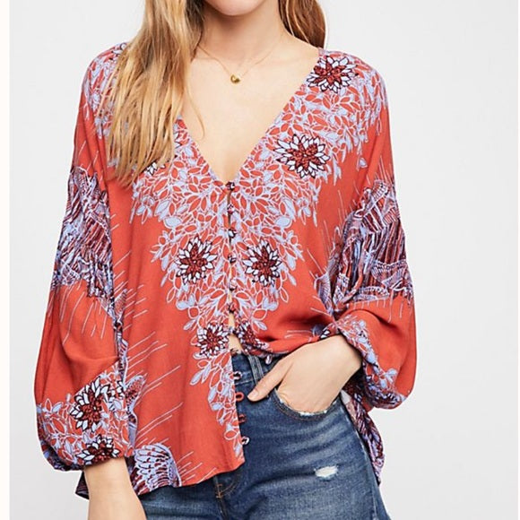 Free People Birds of a Feather Orange Floral Printed Top Blouse Size XS V Neck
