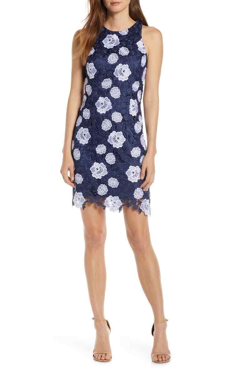 Eliza J Navy Blue White Floral Lace Racerback Sheath Dress Size 12 Cocktail