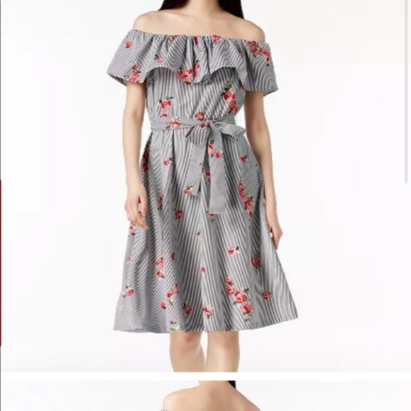 Calvin Klein Striped Floral Embroidered Off the Shoulder Dress Size 14 Tie Waist