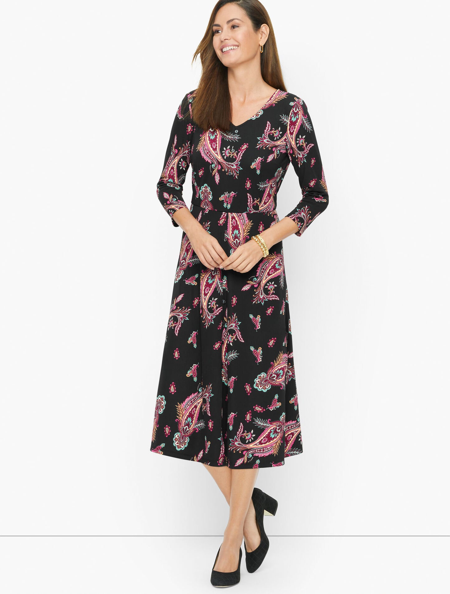 Talbots Black Paisley Print A Line Jersey Knit Dress Size PM MP V Neck Pink
