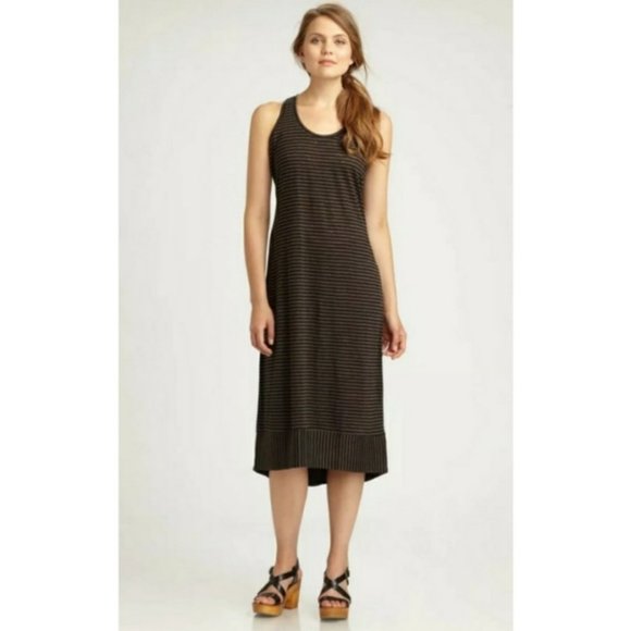 Eileen Fisher Olive Green Black Striped Linen Knit Racerback Tank Dress Size S