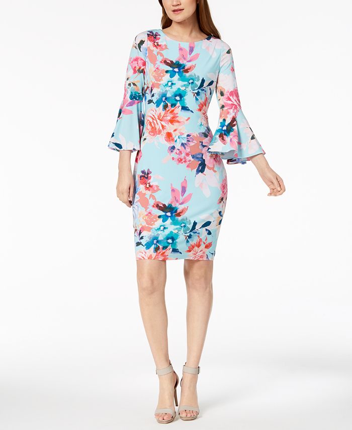Calvin Klein Blue Floral Print Bell Sleeve Jersey Sheath Dress Size 8 Aqua