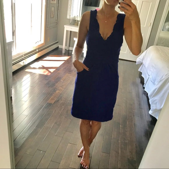 NWT Maeve Anthropologie Blue/Purple Ruffled Ottoman Ribbed Dress Size S Sheath