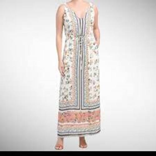 Lucky Brand Olivia Ivory Floral Border Print Drawstring Waist Maxi Dress Size XL