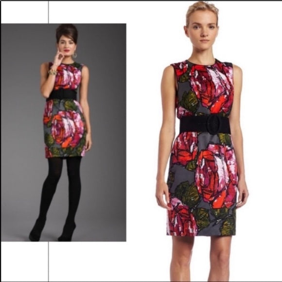 Trina Turk Mirren Rose Floral Print Chunky Belted Sheath Dress Size 2 Silk Gray