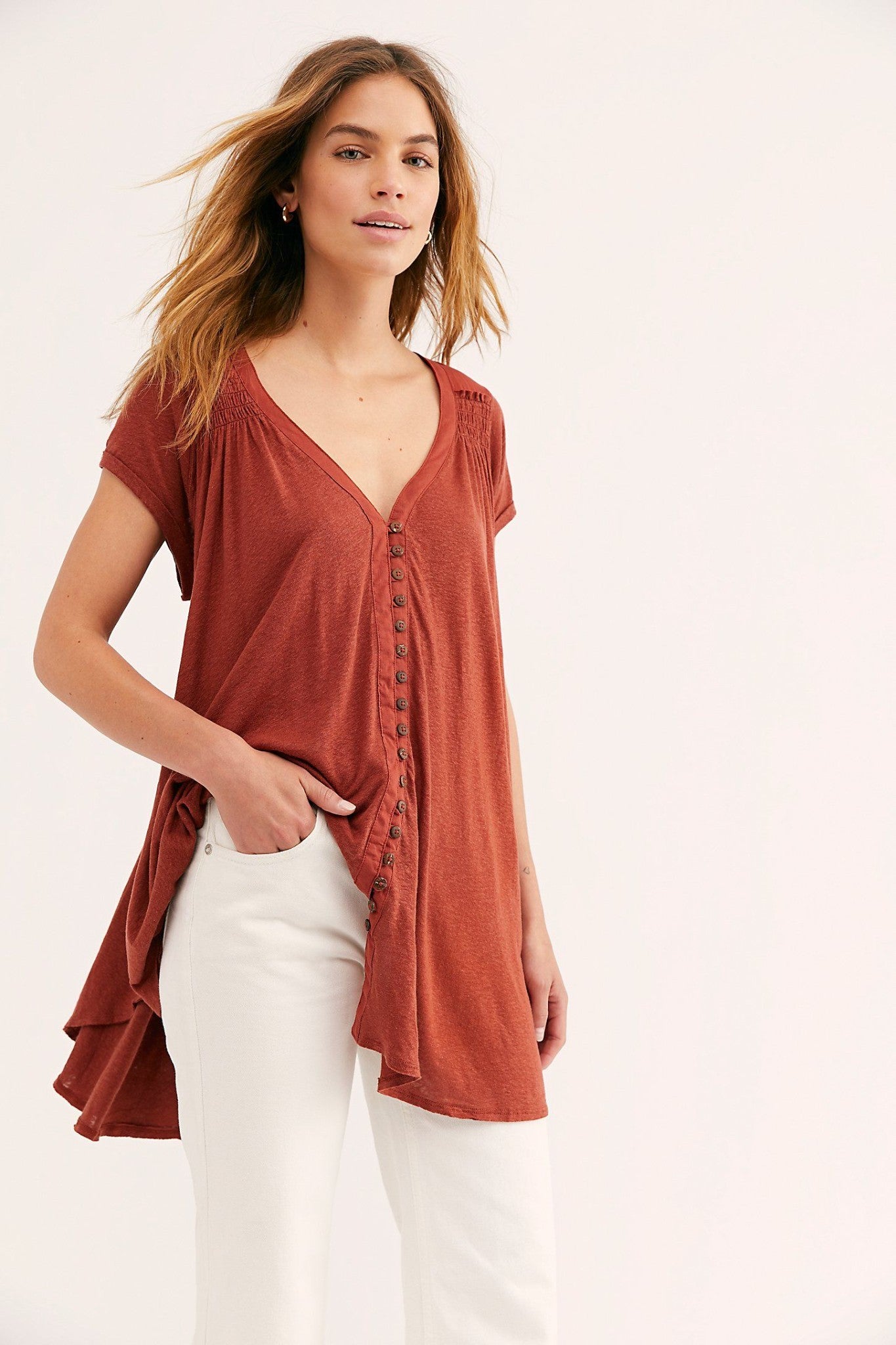Free People Highland Burnt Orange Linen Blend V Neck Tunic Top Blouse Size S