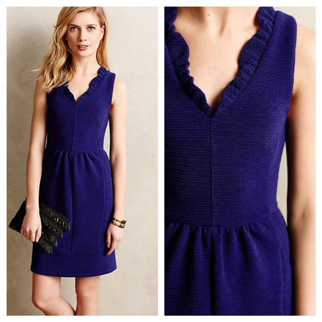 NWT Maeve Anthropologie Blue/Purple Ruffled Ottoman Ribbed Dress Size S Sheath