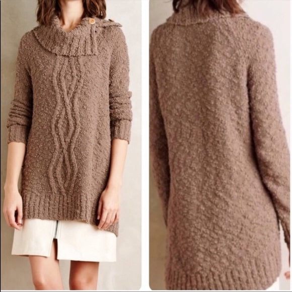 Moth Anthropologie Brown Boucle Knit Cowl Neck Tunic Sweater Size XS Pullover