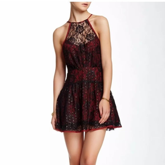 Free People Wish Upon A Star Black Red Lace Mini Dress Size 2 Party Skater Flare