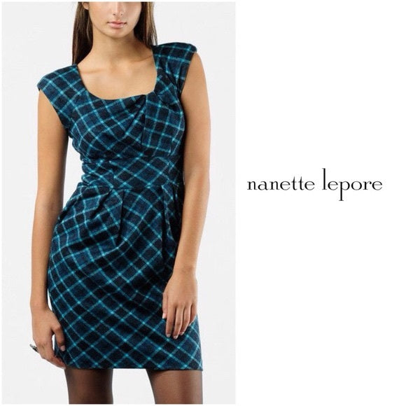 Nanette Lepore Teal Blue Black Plaid Printed Wool Gathered Sheath Dress Size 4