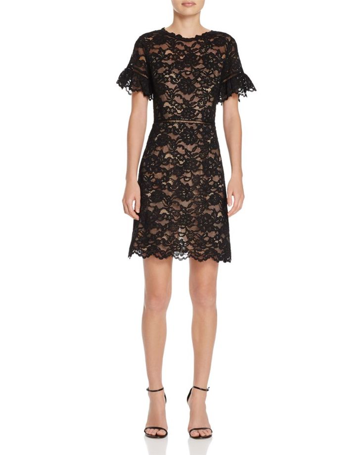 Rebecca Taylor Black Scalloped Lace Illusion Flare Sleeve Dress Size 6 Cocktail