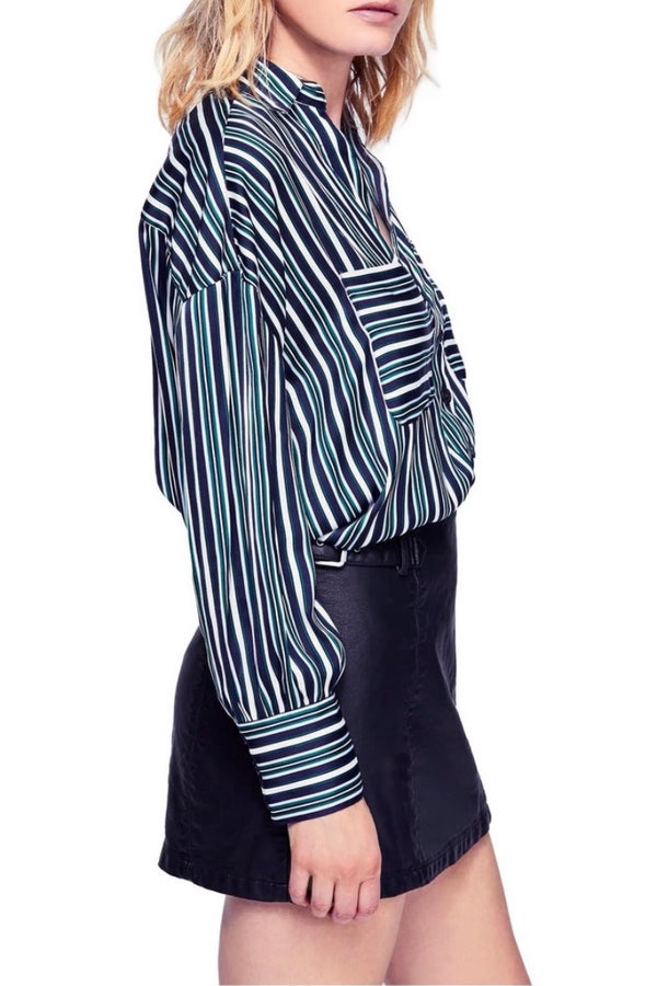 Free People Mad About You Striped Button Down Blouse Shirt Size S Green Navy Long Sleeve