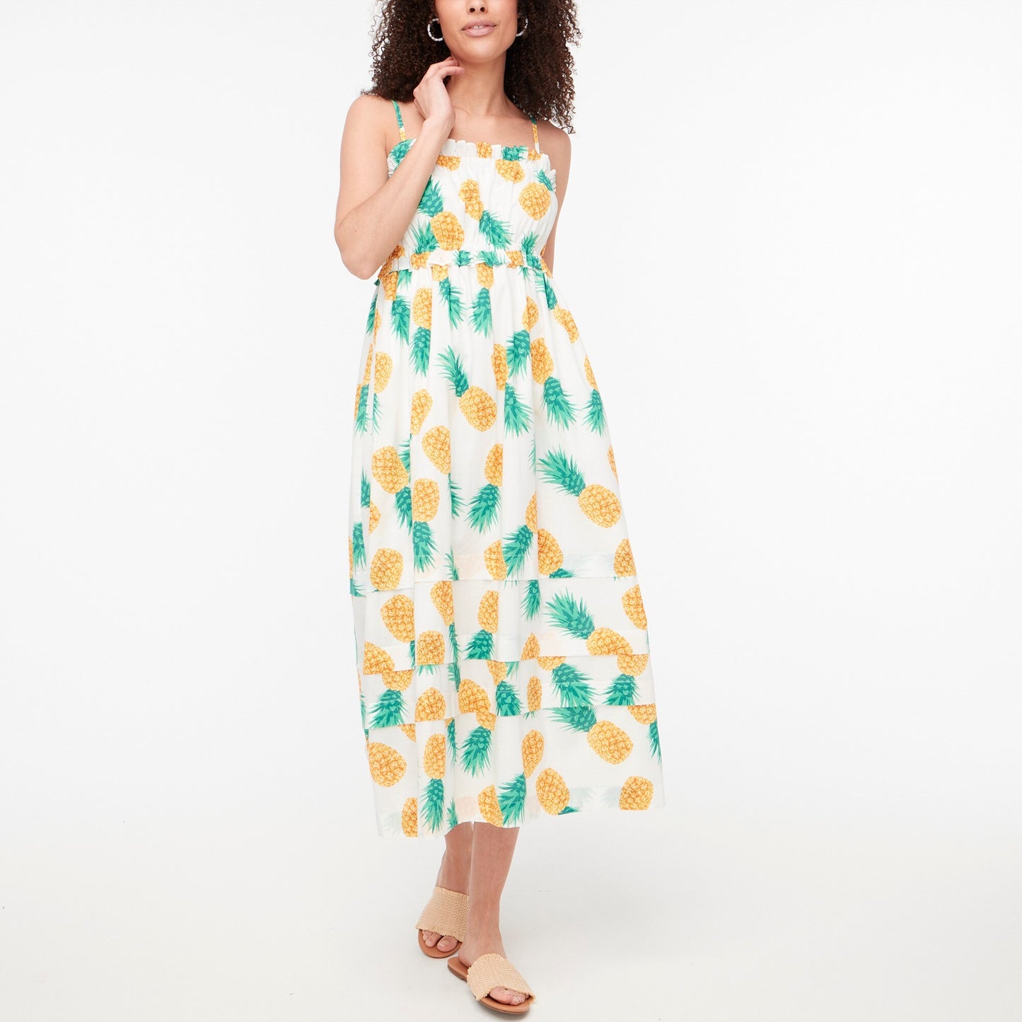 J Crew Factory Pineapple Print Ruffle Square Neck Midi Maxi Dress Size 10 Casual