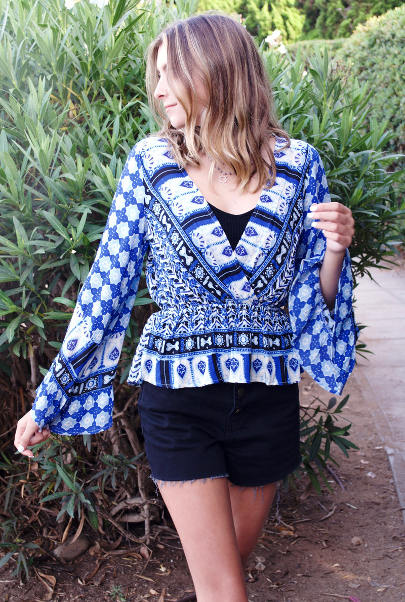 Free People Rosalie Indigo Combo Blue Printed Faux Wrap Top Blouse Size S Boho