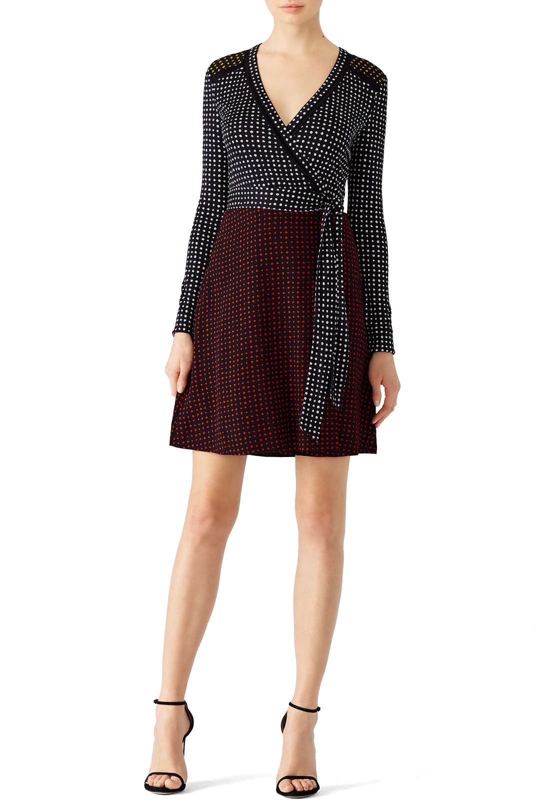 Diane Von Furstenberg Ferma Color Block Polka Dot Silk Wrap Dress Size 6 Black