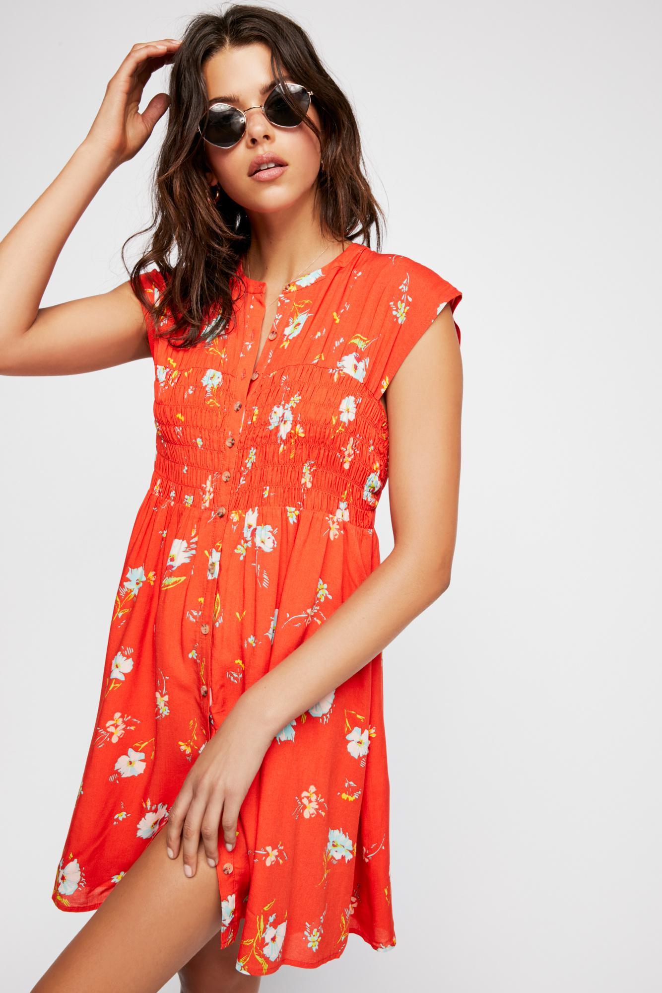 Free People Greatest Day Orange Floral Print Smocked Mini Dress Size XS Tunic