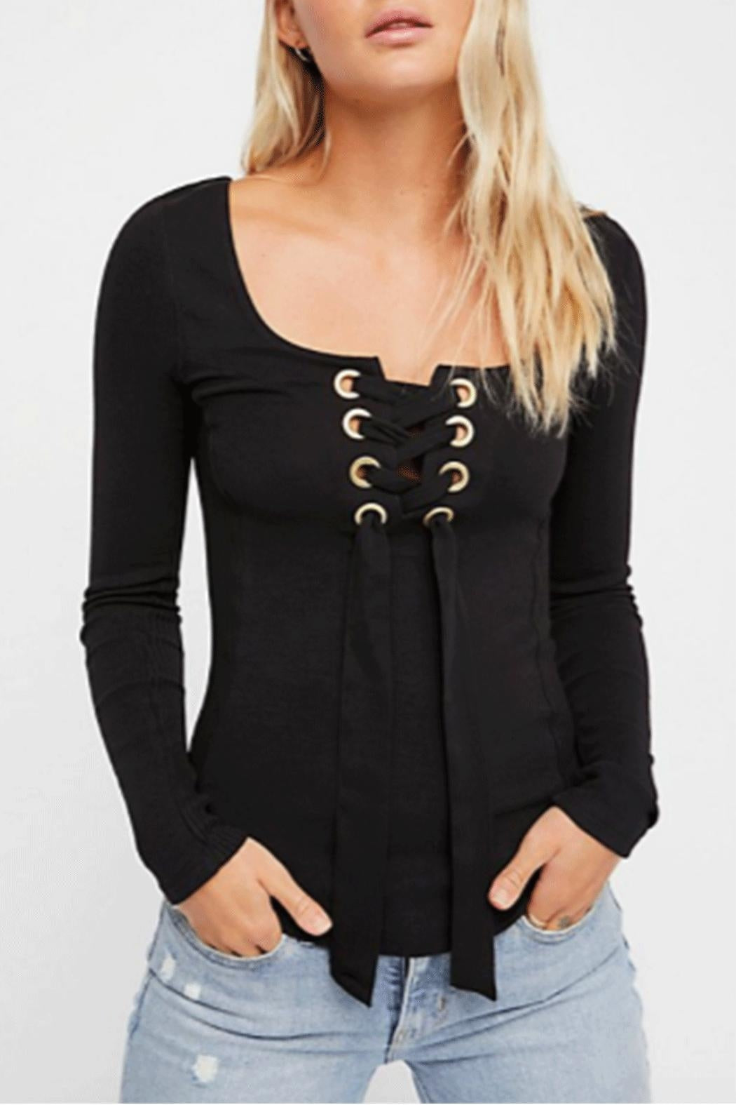 NWT Free People Looking Back Black Knit Lace Up Tie Blouse Top Size M Grommet Long Sleeve