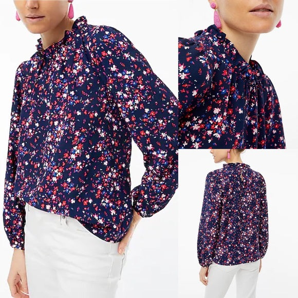 NWT J Crew Navy Blue Floral Print Ruffle Neck Long Sleeve Top Blouse Size S