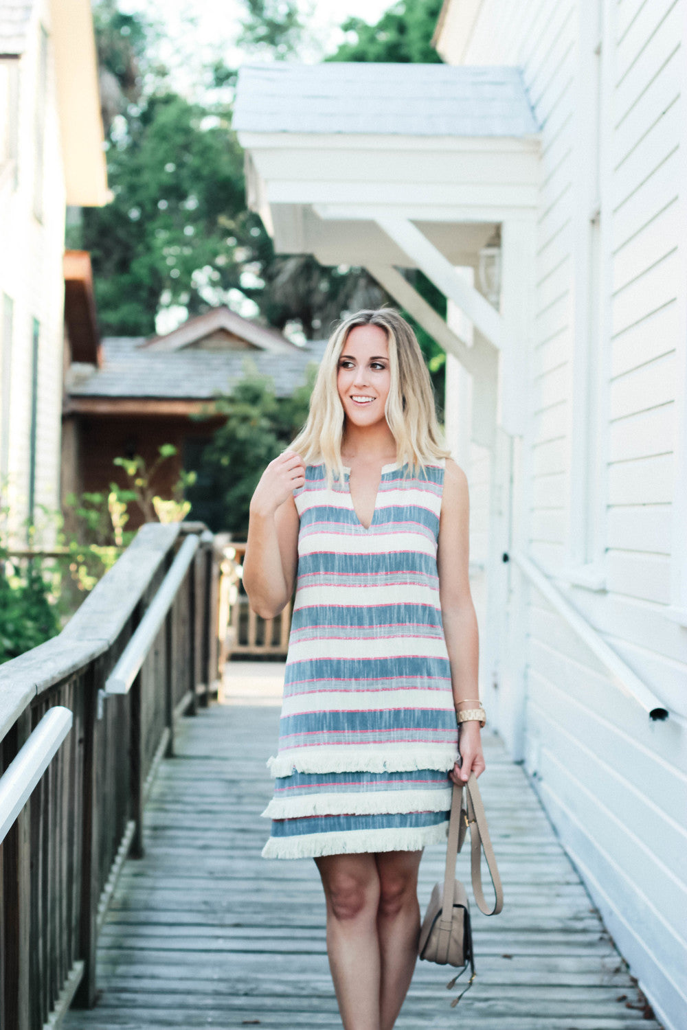 Holding Horses Anthropologie Striped Tweed Fringe Shift Dress Size 4 Red Blue