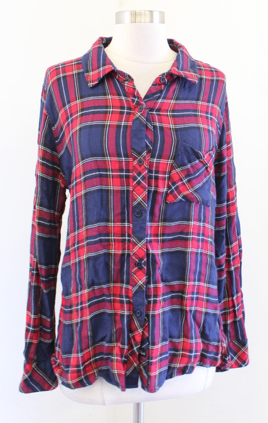Rails Womens Red Navy Blue Plaid Button Front Pocket Shirt Blouse Size L