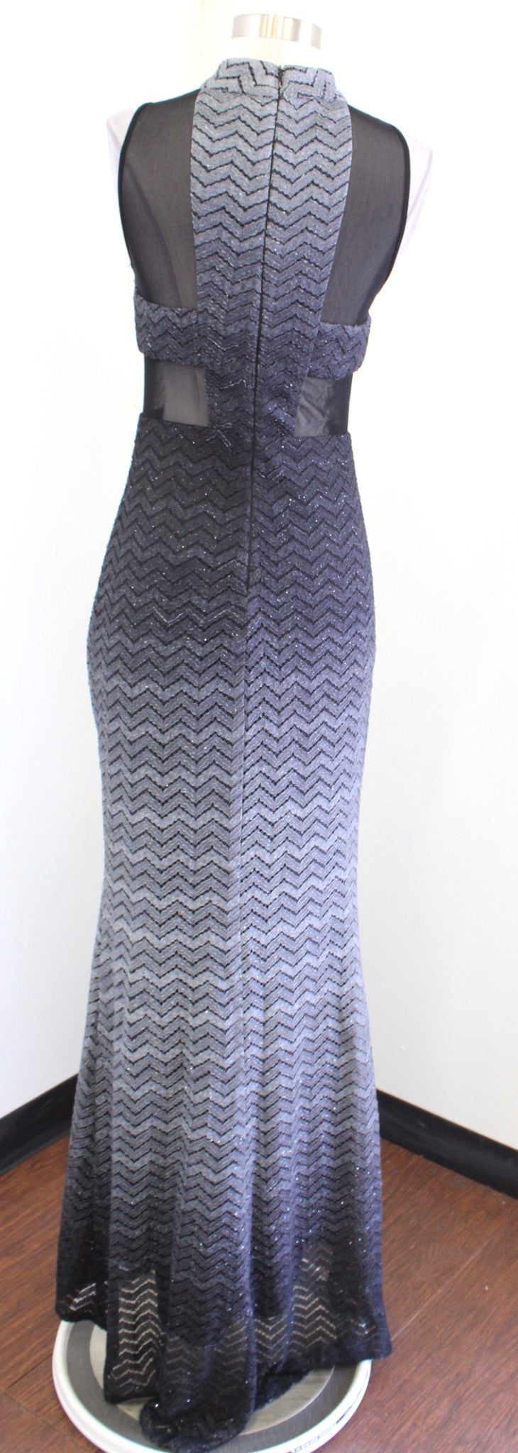 Betsy & Adam Gray Chevron Shimmer Knit Ombre Mesh Cutout Gown Formal Dress Sz 8