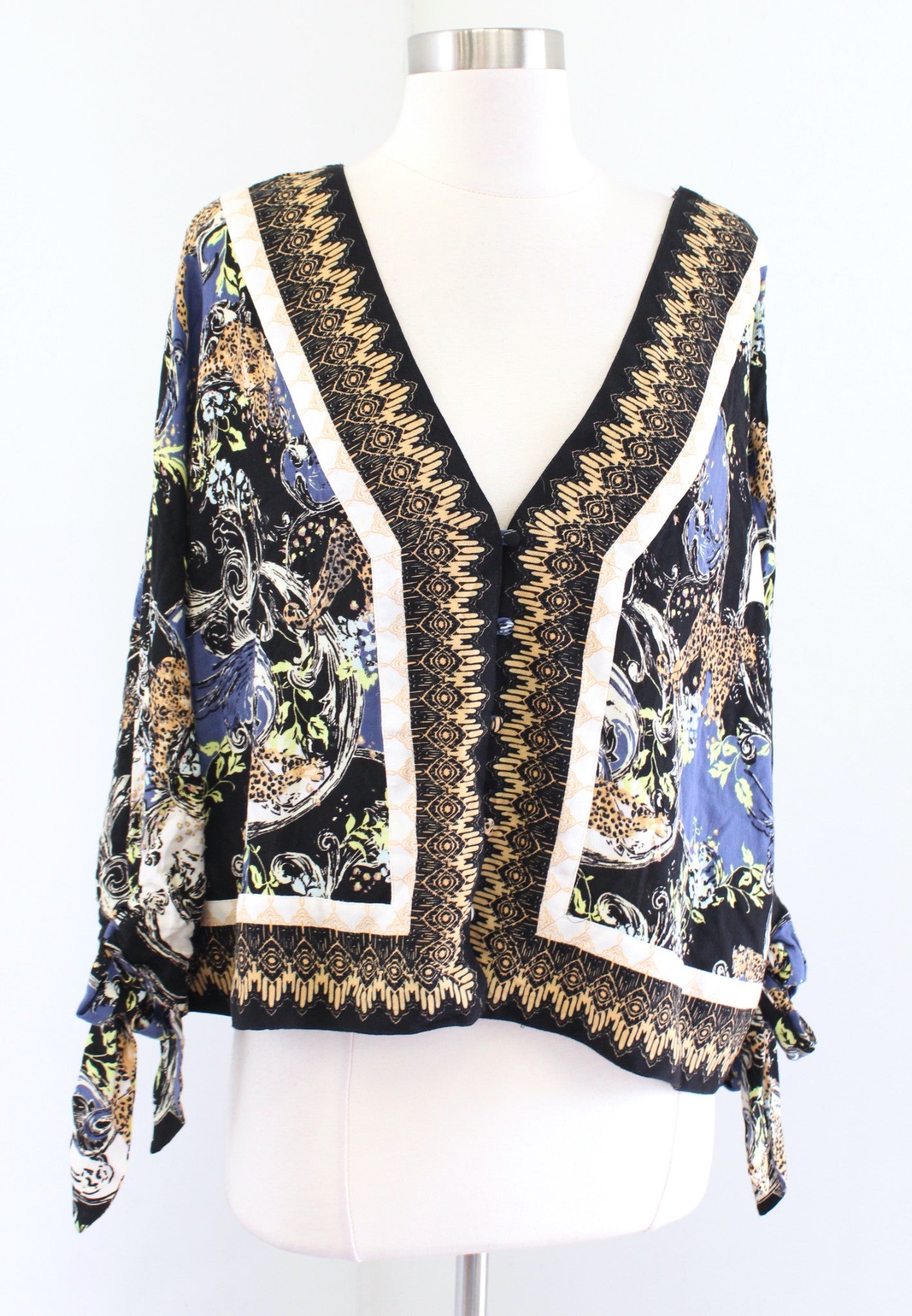 Free People Catch Me if You Can Tie Sleeve Geometric Cheetah Print Top Blouse M