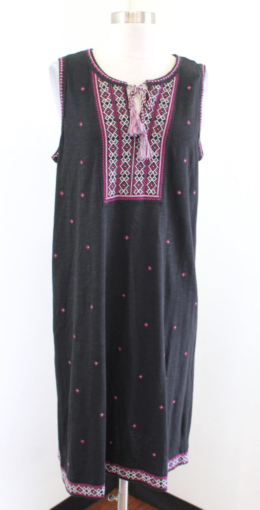 NWT J Jill Black Embroidered Tassel Tie Sleeveless Knit Shift Dress Size M