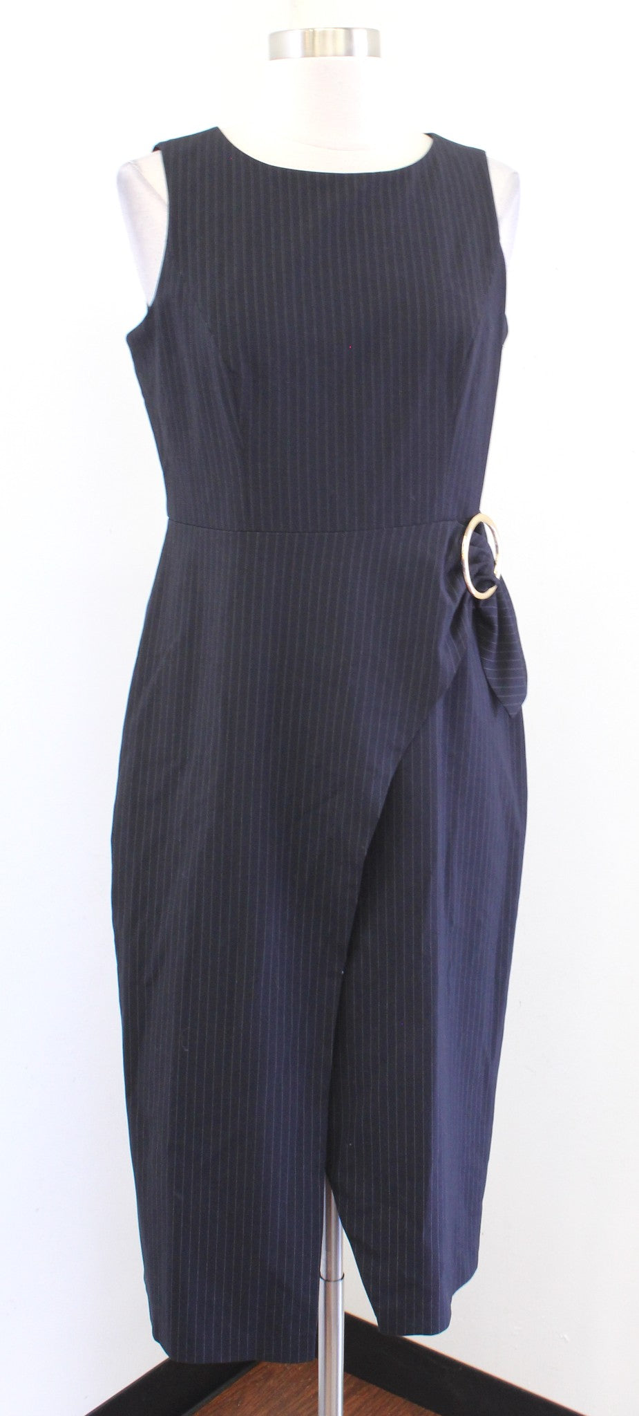 Ivanka Trump Navy Blue Pinstripe Faux Wrap Ruched Sheath Dress Size 4 Career