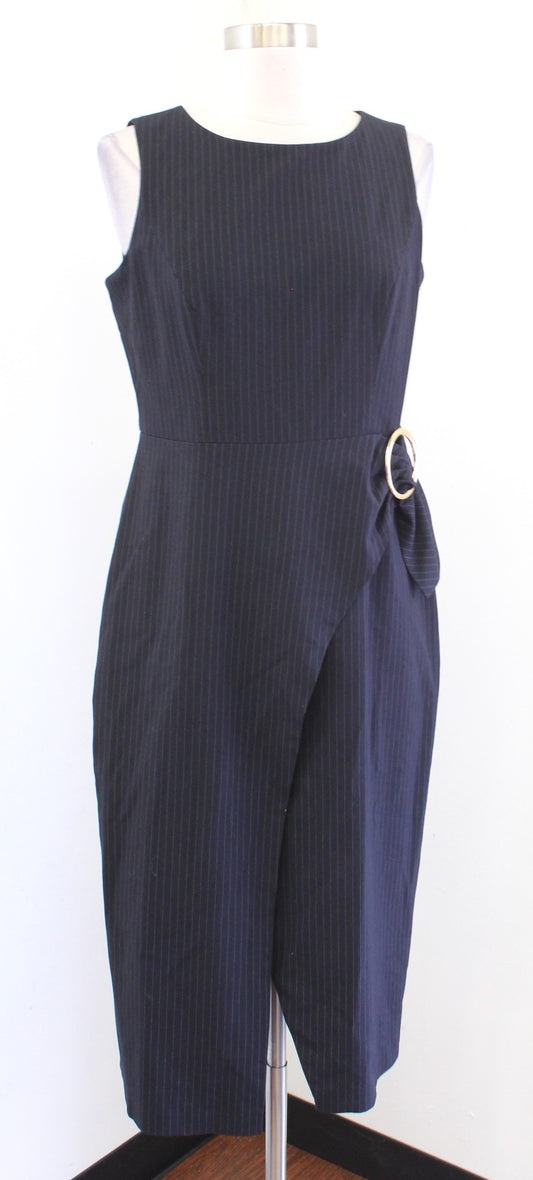 Ivanka Trump Navy Blue Pinstripe Faux Wrap Ruched Sheath Dress Size 4 Career