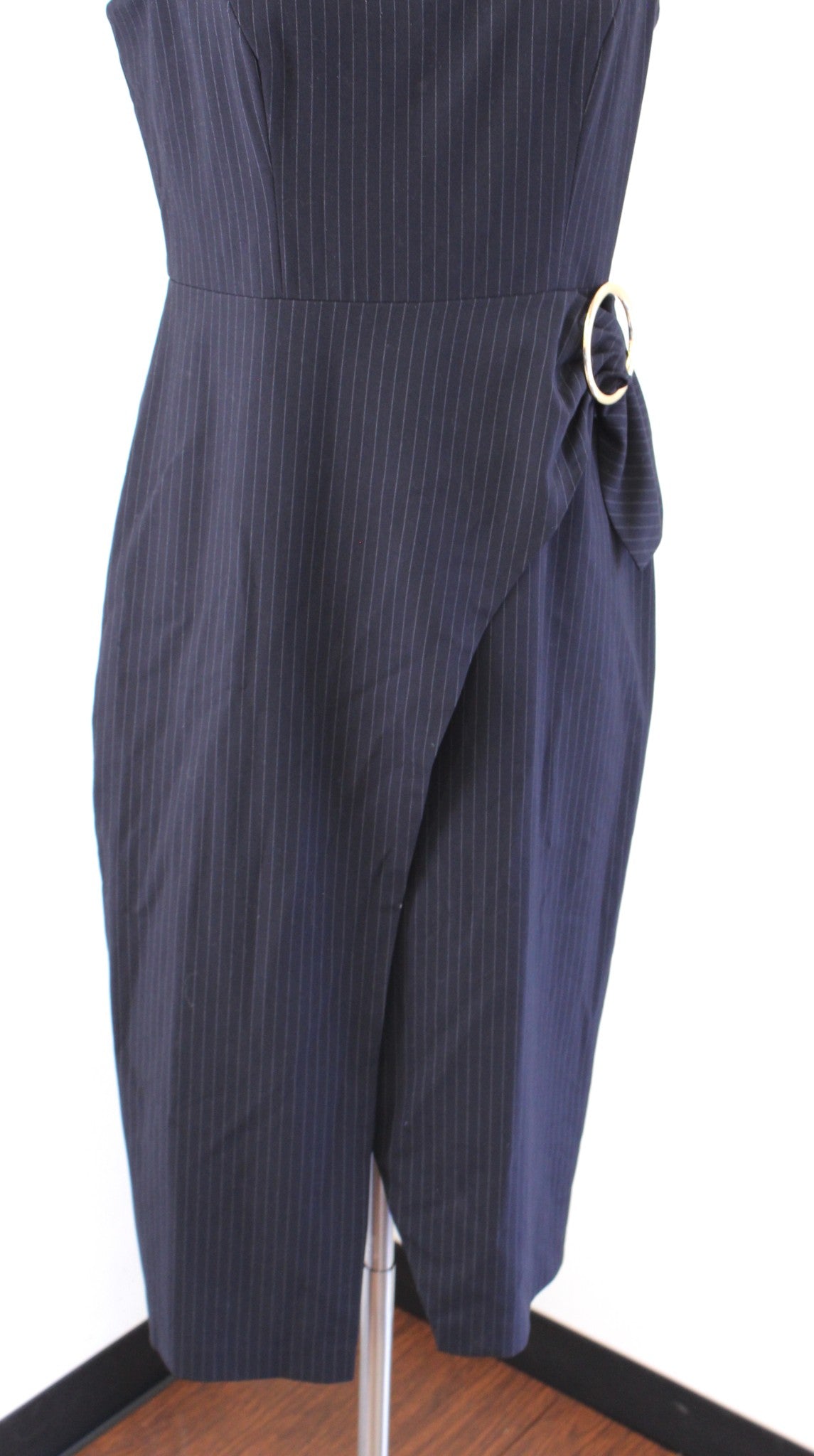 Ivanka Trump Navy Blue Pinstripe Faux Wrap Ruched Sheath Dress Size 4 Career