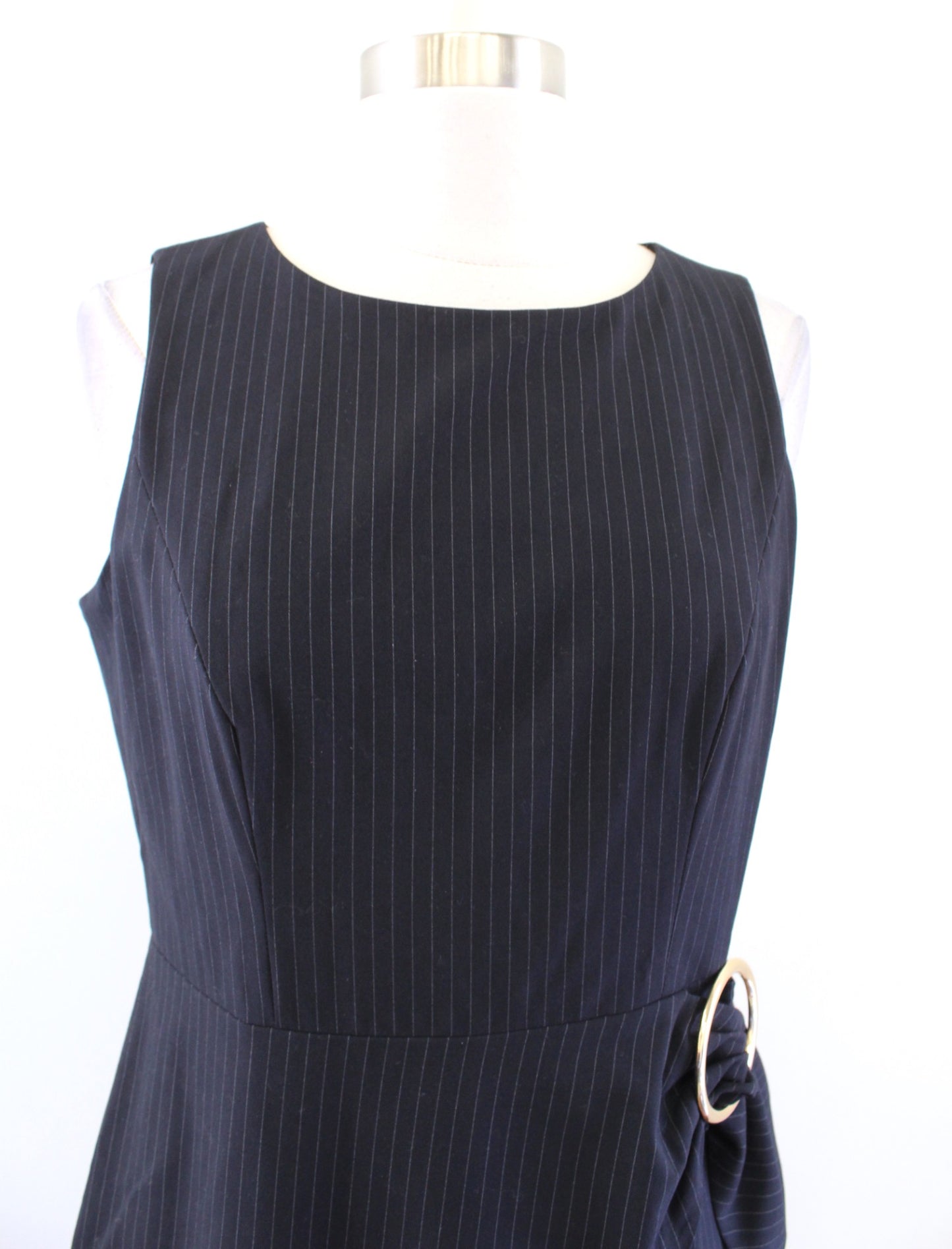 Ivanka Trump Navy Blue Pinstripe Faux Wrap Ruched Sheath Dress Size 4 Career