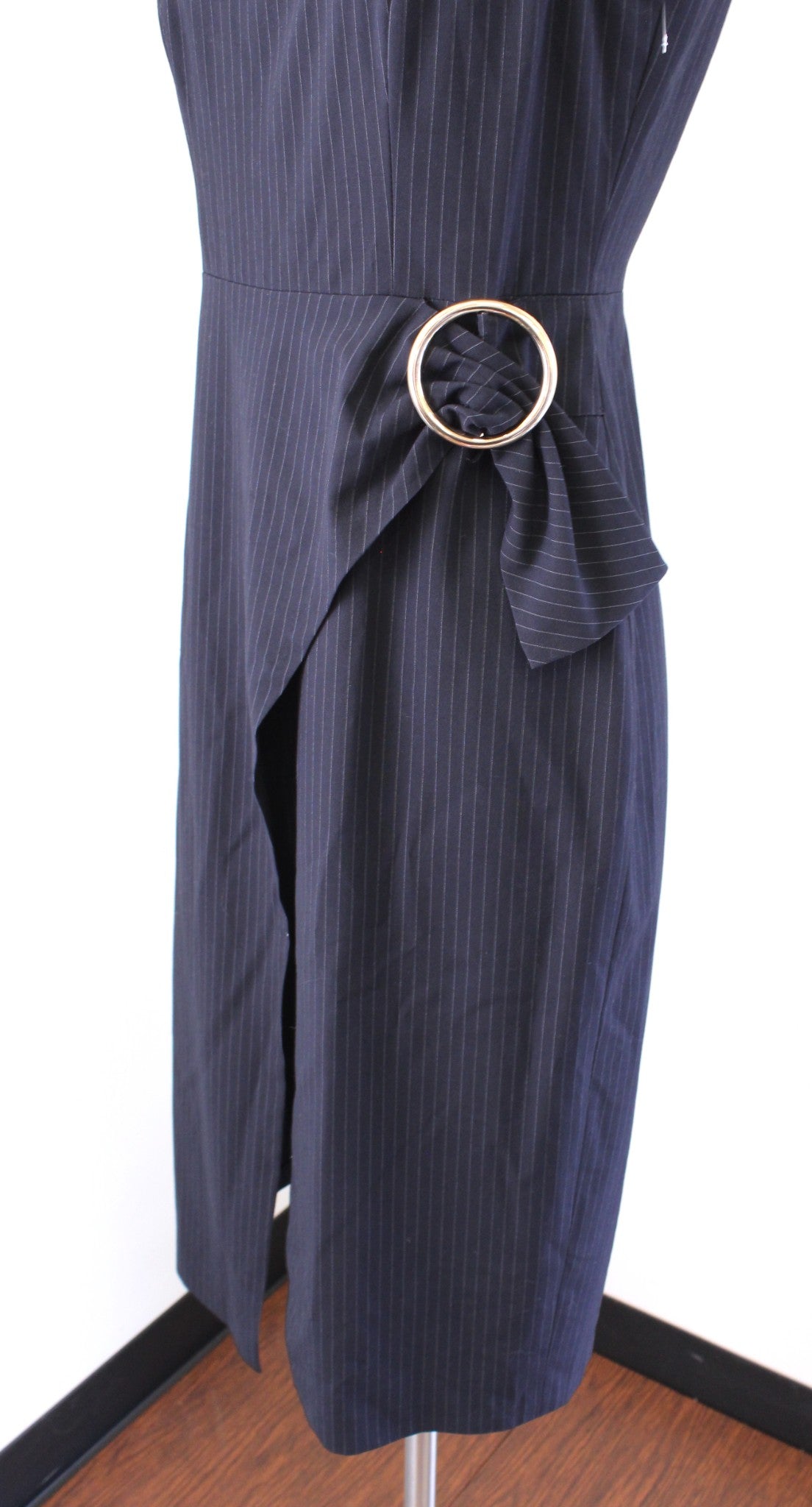 Ivanka Trump Navy Blue Pinstripe Faux Wrap Ruched Sheath Dress Size 4 Career