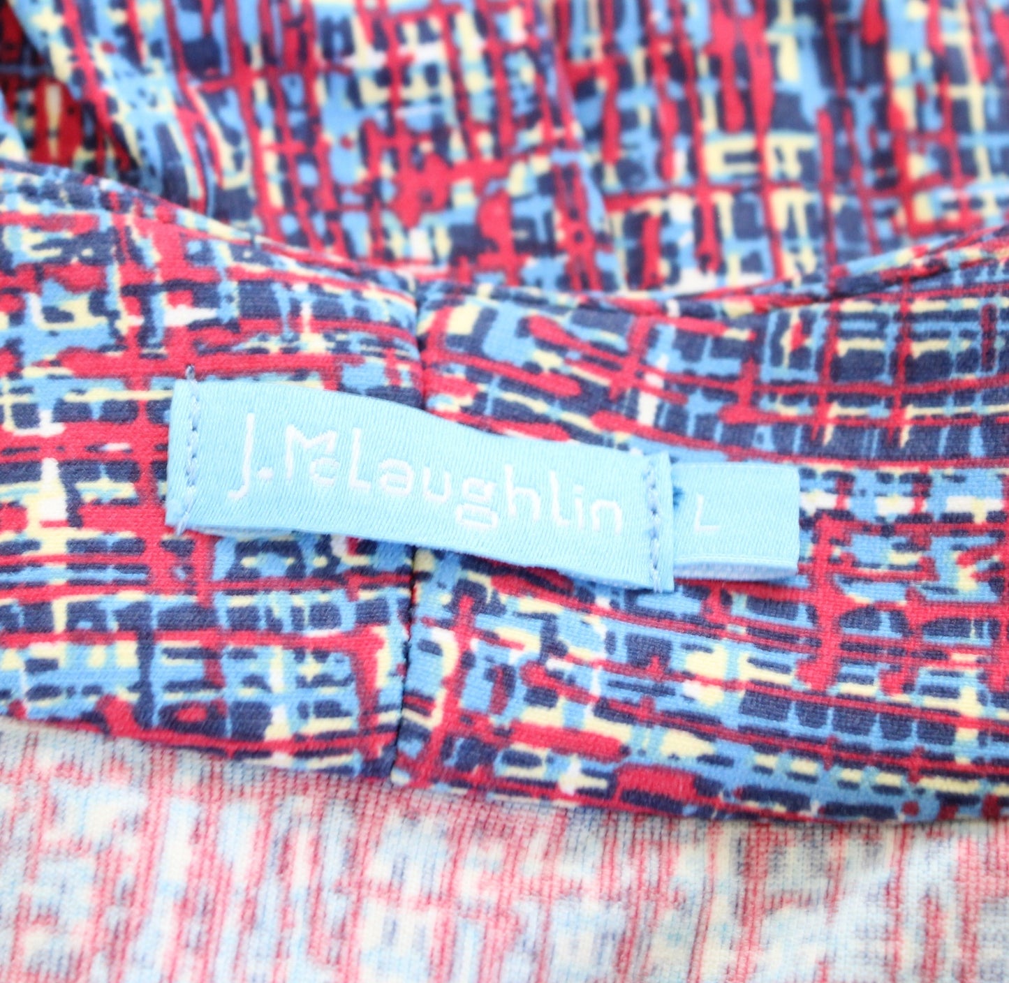 J McLaughlin Red Blue Printed High V Neck Catalina Cloth Dress Size L Abstract