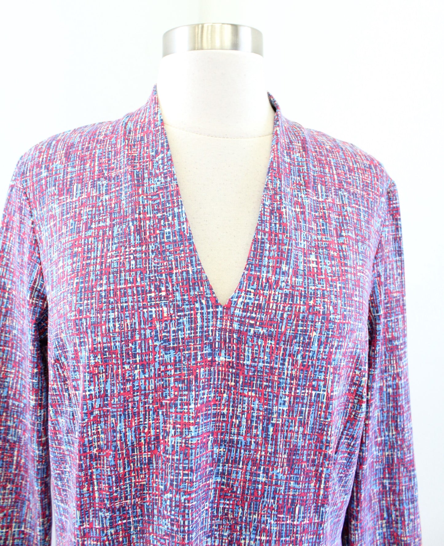 J McLaughlin Red Blue Printed High V Neck Catalina Cloth Dress Size L Abstract