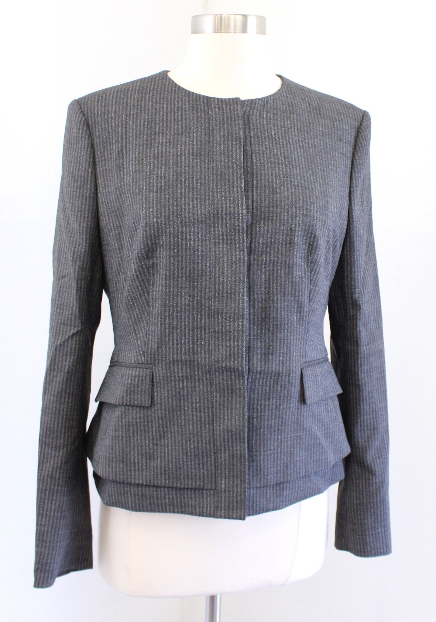 Boss Hugo Boss Jasmya Gray Striped Layered Collarless Blazer Jacket Size 6 Wool