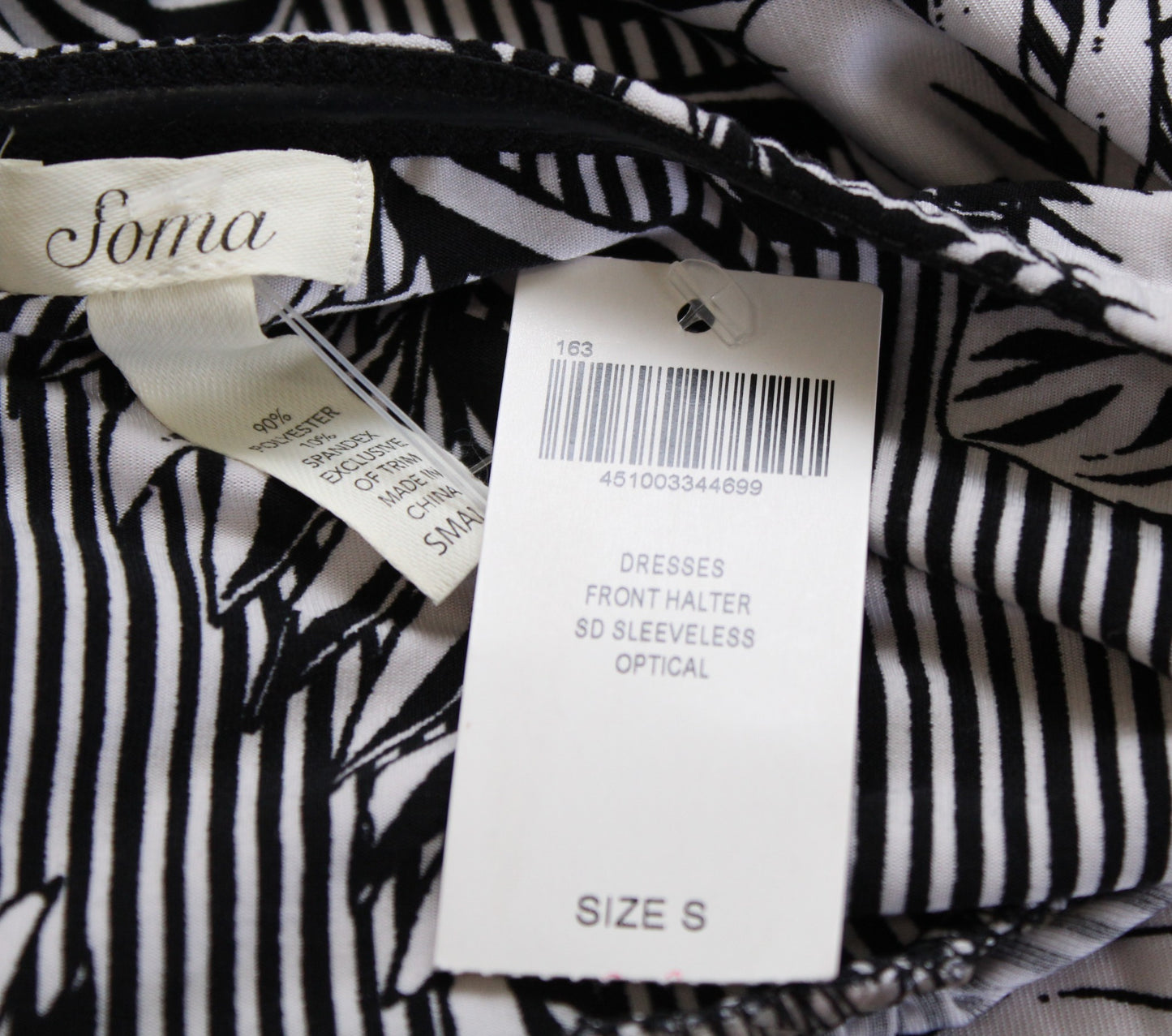 NWT Soma Black White Tropical Floral Striped Halter Tie Neck Dress Size S Beach