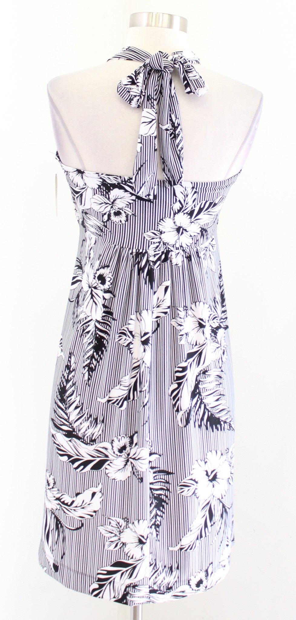 NWT Soma Black White Tropical Floral Striped Halter Tie Neck Dress Size S Beach