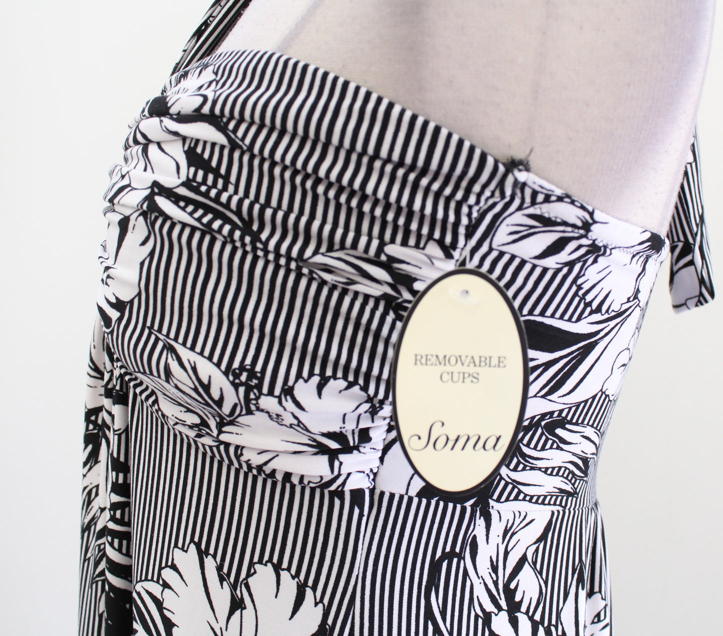 NWT Soma Black White Tropical Floral Striped Halter Tie Neck Dress Size S Beach