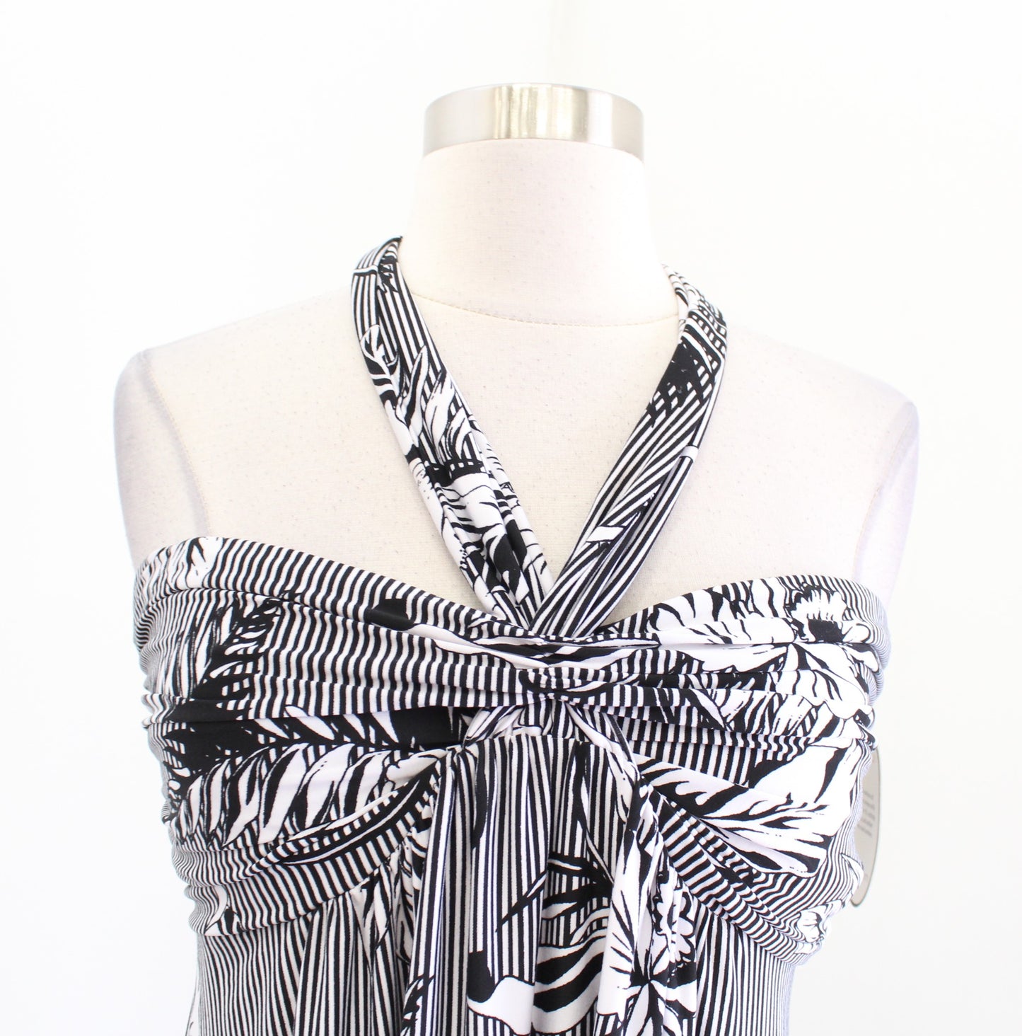 NWT Soma Black White Tropical Floral Striped Halter Tie Neck Dress Size S Beach
