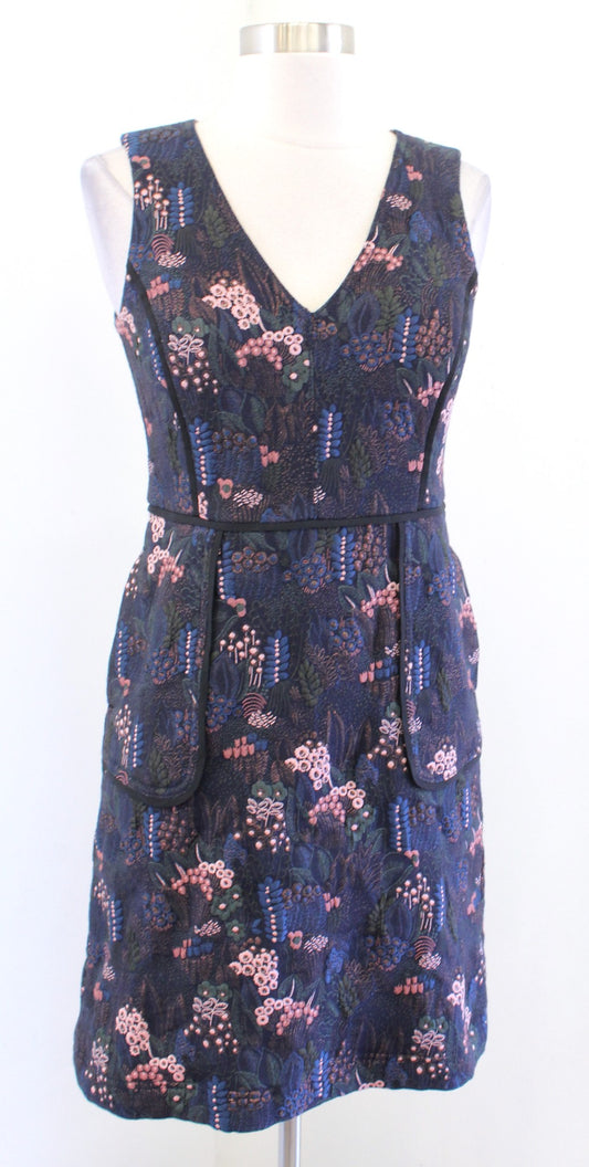 Ann Taylor Navy Blue Metallic Floral V Neck Sheath Dress Size 0 Sleeveless