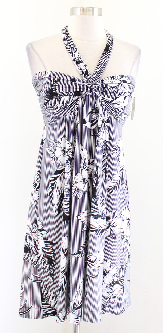 NWT Soma Black White Tropical Floral Striped Halter Tie Neck Dress Size S Beach
