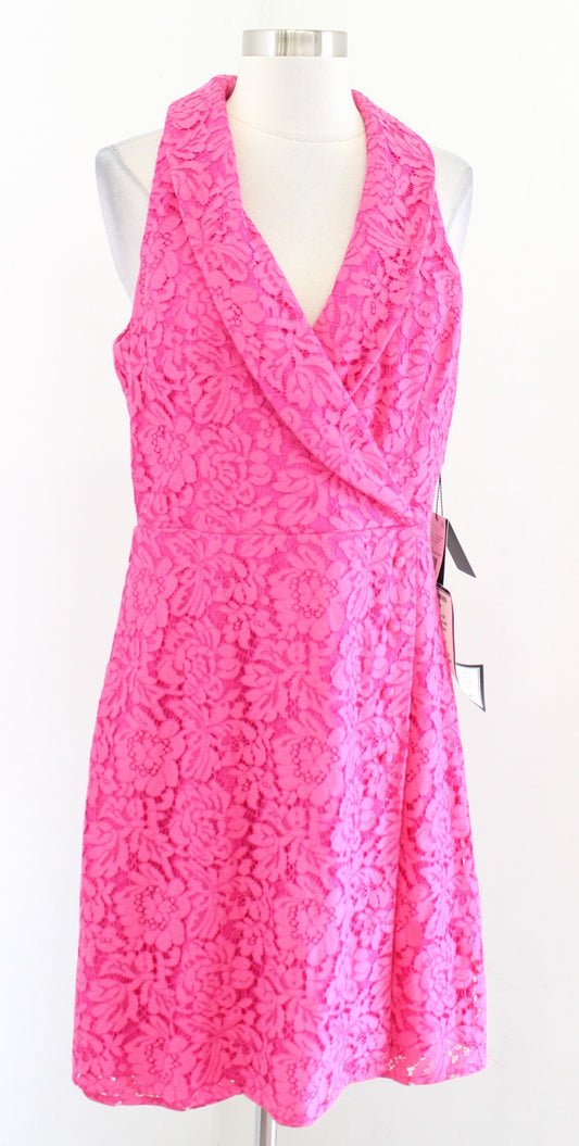 NWT Adrianna Papell Pink Lace Tuxedo Style Faux Wrap Cocktail Party Dress Size 8