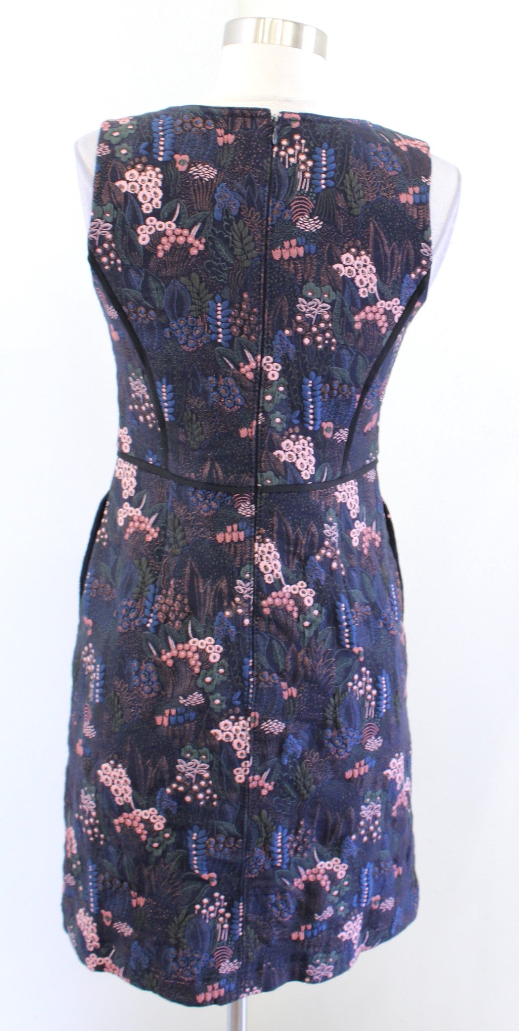 Ann Taylor Navy Blue Metallic Floral V Neck Sheath Dress Size 0 Sleeveless