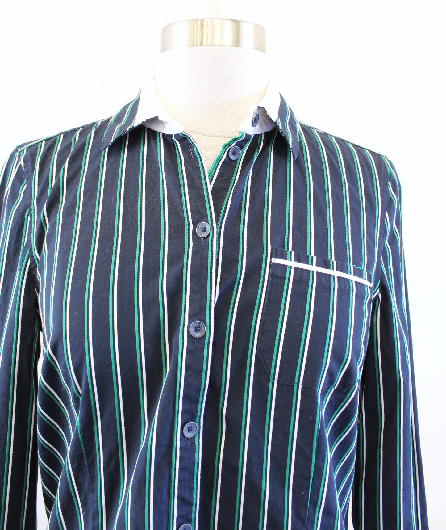 Brooks Brothers Red Fleece Navy Blue Green Striped Button Front Shirt Dress Sz 2