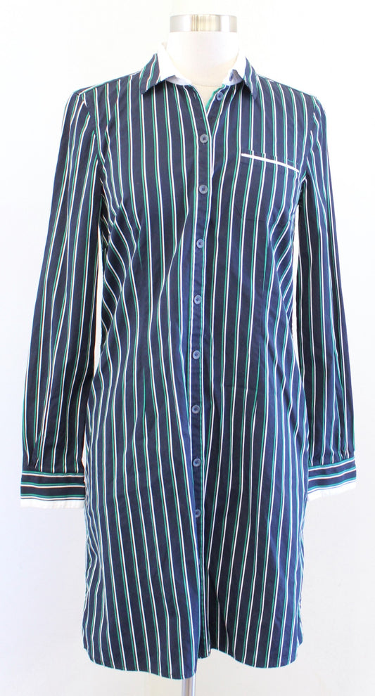 Brooks Brothers Red Fleece Navy Blue Green Striped Button Front Shirt Dress Sz 2