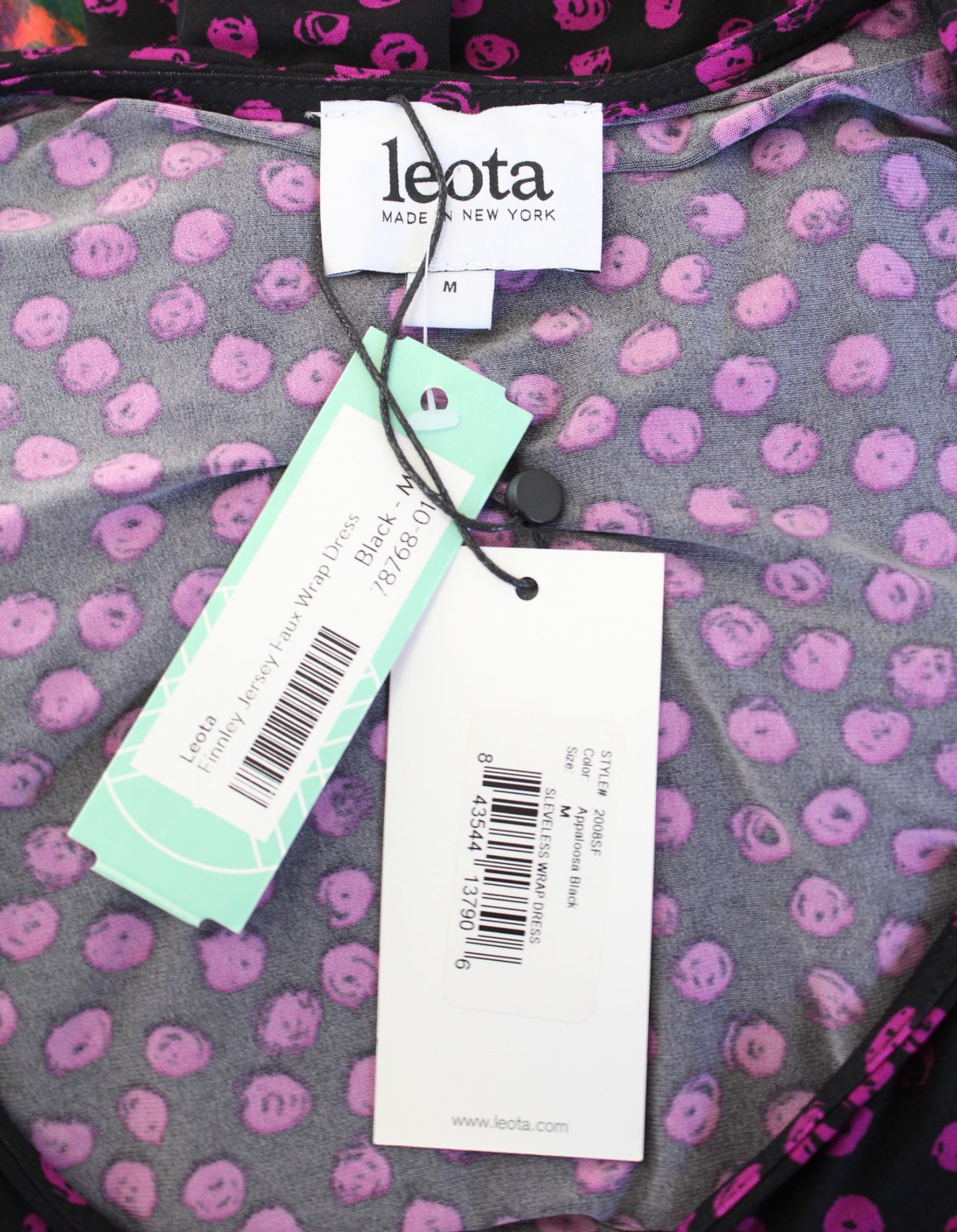 NWT Leota Stitch Fix Black Pink / Purple Spotted Print Jersey Dress Tie Waist M